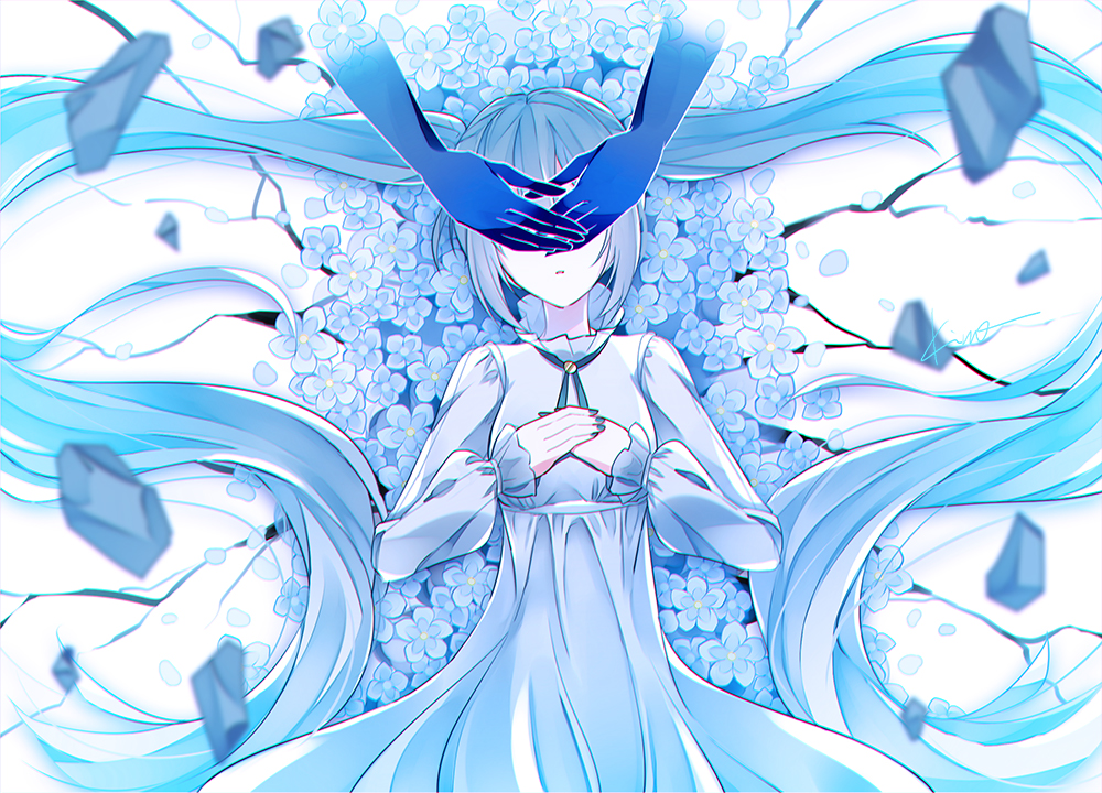 1girl bangs blue_hair closed_eyes covering_another's_eyes dress flower frilled_sleeves frills hands_on_own_chest hatsune_miku high_collar kino_(mizu-asagi) long_hair long_sleeves lying nail_polish neck_ribbon on_back own_hands_together parted_lips petals ribbon solo_focus twintails very_long_hair vocaloid
