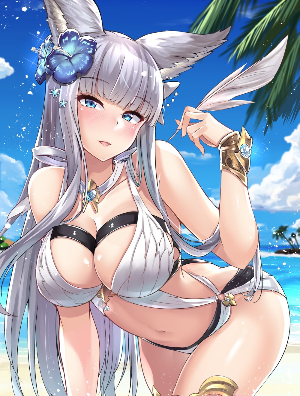 1girl animal_ears bangs bare_arms bare_shoulders beach bikini blue_eyes blue_flower blue_sky blunt_bangs blush bracer branch breasts cleavage clouds collarbone day erun_(granblue_fantasy) eyebrows_visible_through_hair flower gem glint granblue_fantasy grey_hair hair_flower hair_ornament head_tilt heart hibiscus highres holding horizon island kazami_chiu korwa large_breasts leaning_forward light_smile long_hair looking_at_viewer navel o-ring o-ring_bikini ocean outdoors palm_tree parted_lips quill sand shiny shiny_skin sidelocks sky smile solo sparkle standing swimsuit thighlet tree very_long_hair white_bikini