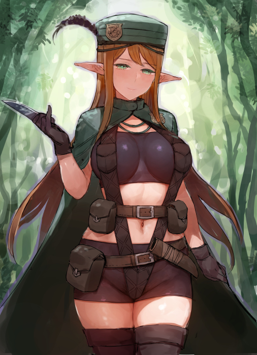 1girl blonde_hair breasts c.cu cape curvy elf green_eyes hat knife large_breasts midriff navel original plump pointy_ears shorts solo thigh-highs