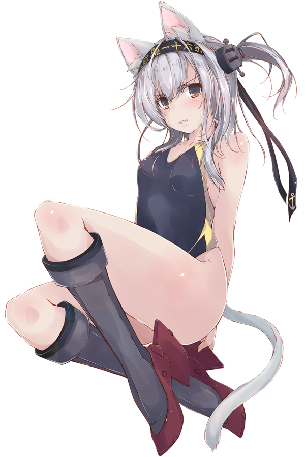 1girl animal_ears black_footwear black_swimsuit boots breasts brown_eyes cat_ears cat_tail commentary_request competition_swimsuit grey_footwear headband kantai_collection knee_boots long_hair looking_at_viewer one-piece_swimsuit one_side_up revision rudder_shoes silver_hair simple_background small_breasts solo suzutsuki_(kantai_collection) swimsuit tail white_background yumesato_makura