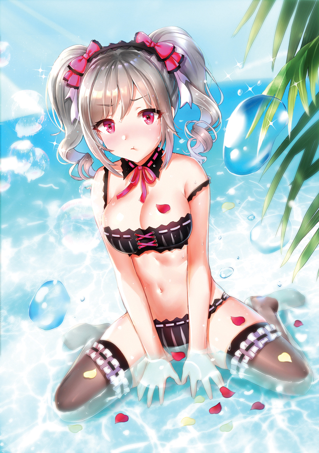 1girl :t bangs bare_arms between_legs bikini black_bikini black_hairband blue_sky blush bow breasts brown_legwear bubble cleavage closed_mouth cross-laced_clothes curly_hair curry_korokke day detached_collar eyebrows_visible_through_hair eyelashes full_body hair_bow hairband idolmaster idolmaster_cinderella_girls kanzaki_ranko leaf leg_garter light_rays lolita_hairband looking_at_viewer medium_breasts medium_hair midriff navel ocean outdoors palm_tree partially_submerged petals petals_on_water pink_bow pink_ribbon pout red_eyes ribbon ribbon-trimmed_collar ribbon_trim shiny shiny_skin silver_hair sitting skindentation sky solo sparkle strap_slip striped striped_bikini summer sunbeam sunlight swimsuit thigh-highs thighs tree twintails v_arms wariza water