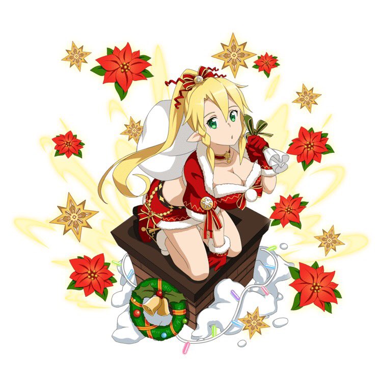 1girl arm_behind_back arm_support blonde_hair breasts capelet choker christmas cleavage collarbone floating_hair full_body fur_trim gift_bag gloves green_eyes hair_between_eyes holding kneeling large_breasts leafa long_hair looking_at_viewer miniskirt ponytail red_footwear red_gloves red_ribbon red_skirt ribbon santa_costume simple_background skirt solo sword_art_online very_long_hair white_background