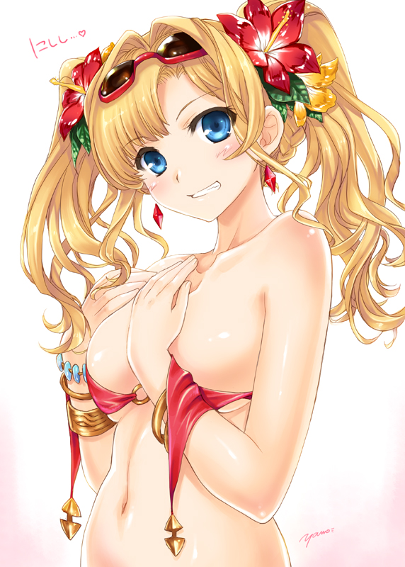 1girl bikini bikini_top blonde_hair blue_eyes blush bracelet braid clenched_teeth covering covering_breasts earrings embarrassed eyewear_on_head flower granblue_fantasy hair_flower hair_ornament heart jewelry long_hair looking_at_viewer navel o-ring_top signature solo sunglasses swimsuit teeth translation_request twintails untied untied_bikini white_background yano_takumi zeta_(granblue_fantasy)