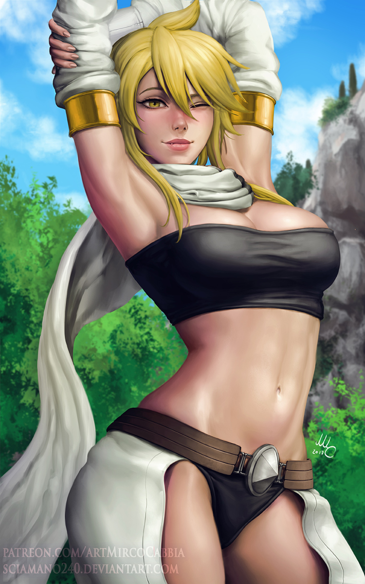 1girl akame_ga_kill! armpits arms_up bangs belt black_panties blue_sky breasts cleavage clouds cloudy_sky cowboy_shot dated day detached_sleeves deviantart_username fang fang_out fingernails forest hair_between_eyes highres large_breasts leone looking_at_viewer midriff mirco_cabbia nature navel one_eye_closed open_pants outdoors panties pants patreon_username pink_lips scarf short_hair_with_long_locks signature sky smile solo strapless stretch tree tubetop underwear watermark white_pants white_scarf yellow_eyes