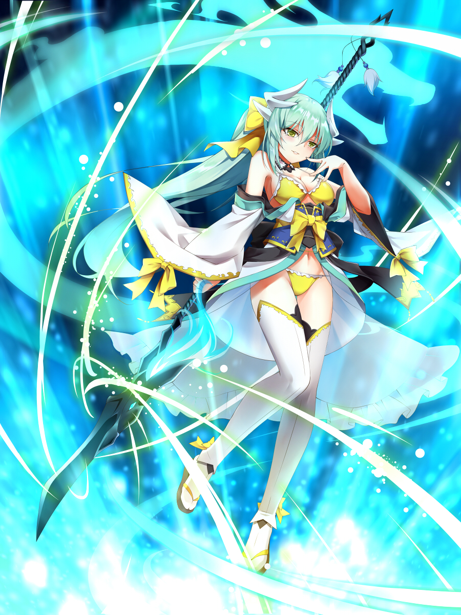 1girl bikini bow breasts choker cleavage eyebrows_visible_through_hair fate/grand_order fate_(series) floating_hair full_body green_eyes green_hair groin hair_between_eyes hair_bow highres holding holding_weapon horns kiyohime_(fate/grand_order) kiyohime_(swimsuit_lancer)_(fate) lingsexuanlv long_hair medium_breasts navel parted_lips polearm revision sideboob smile solo swimsuit thigh-highs very_long_hair weapon white_legwear yellow_bikini yellow_bow