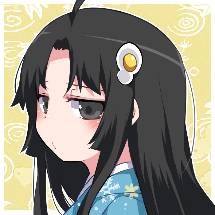 1girl ahoge araragi_tsukihi bangs black_eyes black_hair blue_kimono blush closed_mouth egg_hair_ornament food_themed_hair_ornament hair_ornament hammer_(sunset_beach) japanese_clothes kimono long_hair looking_at_viewer monogatari_(series) portrait pout solo upper_body yellow_background