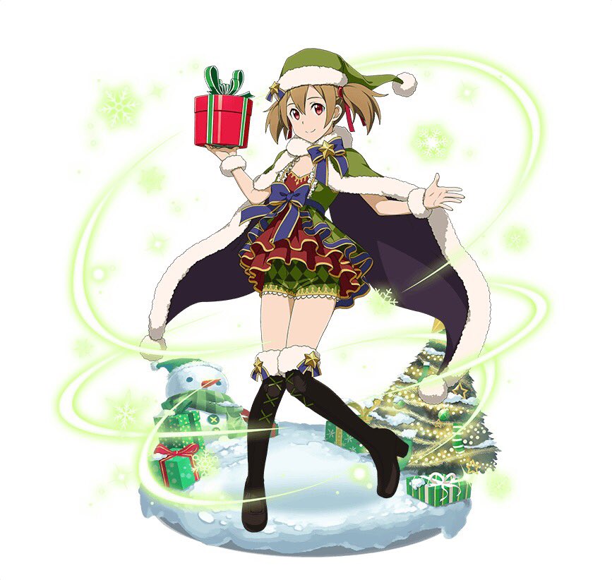 1girl argyle_shorts black_footwear blue_ribbon boots box breasts brown_hair cape christmas christmas_tree cleavage full_body fur_trim gift gift_box green_cape green_hat green_shorts hair_between_eyes hair_ribbon hat holding holding_box layered long_hair looking_at_viewer red_eyes red_ribbon ribbon santa_hat short_shorts shorts silica simple_background small_breasts smile snow snowman solo standing sword_art_online thigh-highs thigh_boots twintails white_background