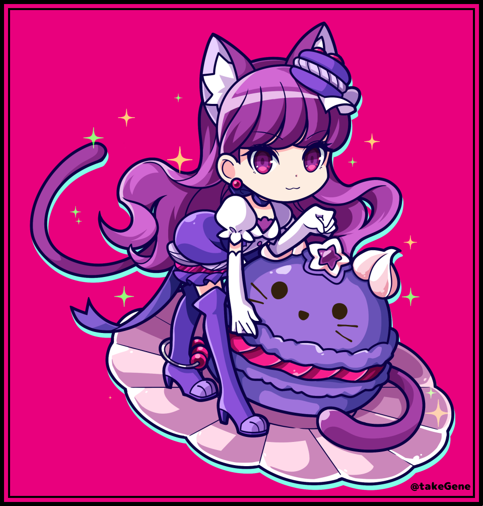 1girl :3 animal_ears boots cat_ears cat_tail chibi choker cure_macaron elbow_gloves extra_ears food food_themed_hair_ornament gloves hair_ornament kirakira_precure_a_la_mode kotozume_yukari layered_skirt leaning_forward long_hair looking_at_viewer macaron macaron_hair_ornament magical_girl object_namesake paw_pose pink_background precure purple purple_footwear purple_hair purple_neckwear purple_skirt ribbon_choker simple_background skirt smile solo standing tail take_(takegene) thigh-highs thigh_boots violet_eyes white_gloves