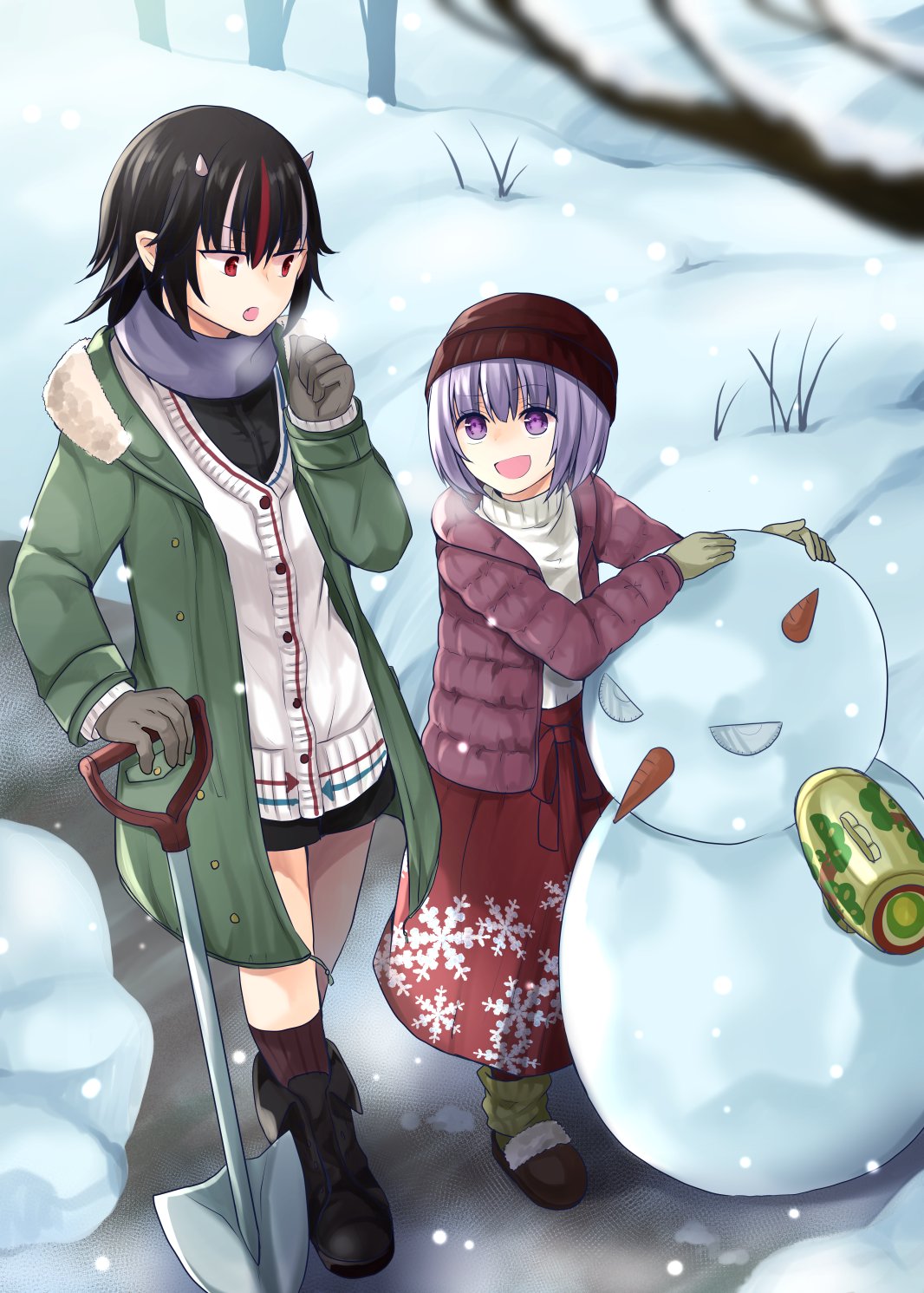 2girls beanie black_footwear black_hair boots breath buttons cardigan carrot casual coat contemporary gloves hat highres horns kijin_seija mimoto_(aszxdfcv) multicolored_hair multiple_girls open_mouth outdoors purple_hair red_eyes red_skirt redhead shovel skirt smile snowflake_print snowing snowman standing streaked_hair sukuna_shinmyoumaru touhou violet_eyes white_hair winter worktool