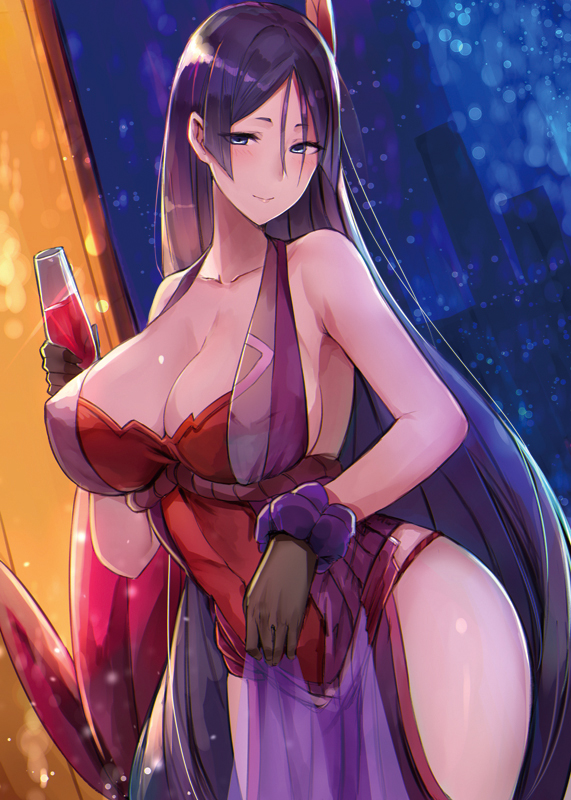 1girl alternate_costume bangs bare_shoulders black_gloves blush breasts cityscape cleavage closed_mouth covered_navel cowboy_shot cup dress drinking_glass dutch_angle erect_nipples fate/grand_order fate_(series) gloves hair_between_eyes head_tilt holding holding_drinking_glass indoors large_breasts light_particles long_hair looking_at_viewer luse_maonang minamoto_no_raikou_(fate/grand_order) parted_bangs pelvic_curtain purple_hair red_dress scrunchie see-through sleeveless sleeveless_dress smile solo standing straight_hair thighs tsurime very_long_hair violet_eyes window wrist_scrunchie