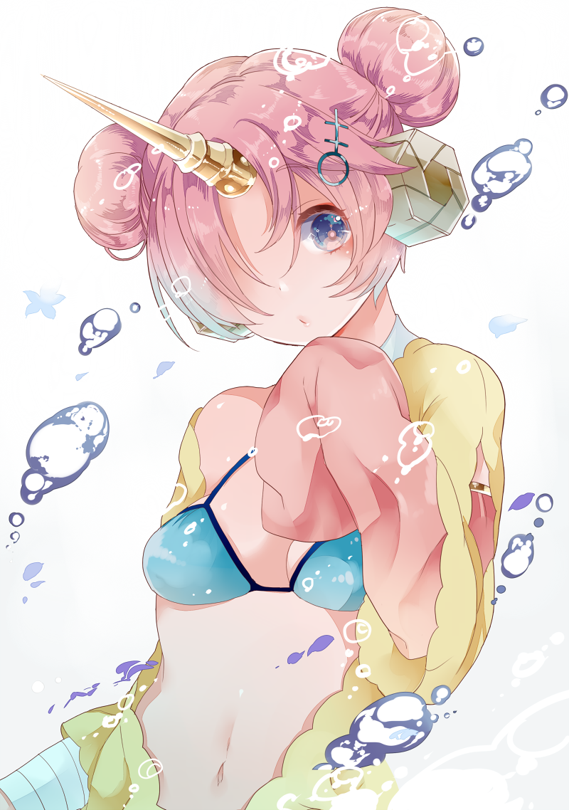 1girl air_bubble bandage bangs bati15 blue_eyes breasts bubble closed_mouth double_bun eyebrows_visible_through_hair fate/grand_order fate_(series) frankenstein's_monster_(swimsuit_saber)_(fate) hair_over_one_eye hands_in_sleeves horn looking_at_viewer medium_breasts navel parted_bangs pink_hair pursed_lips short_hair solo underwater upper_body
