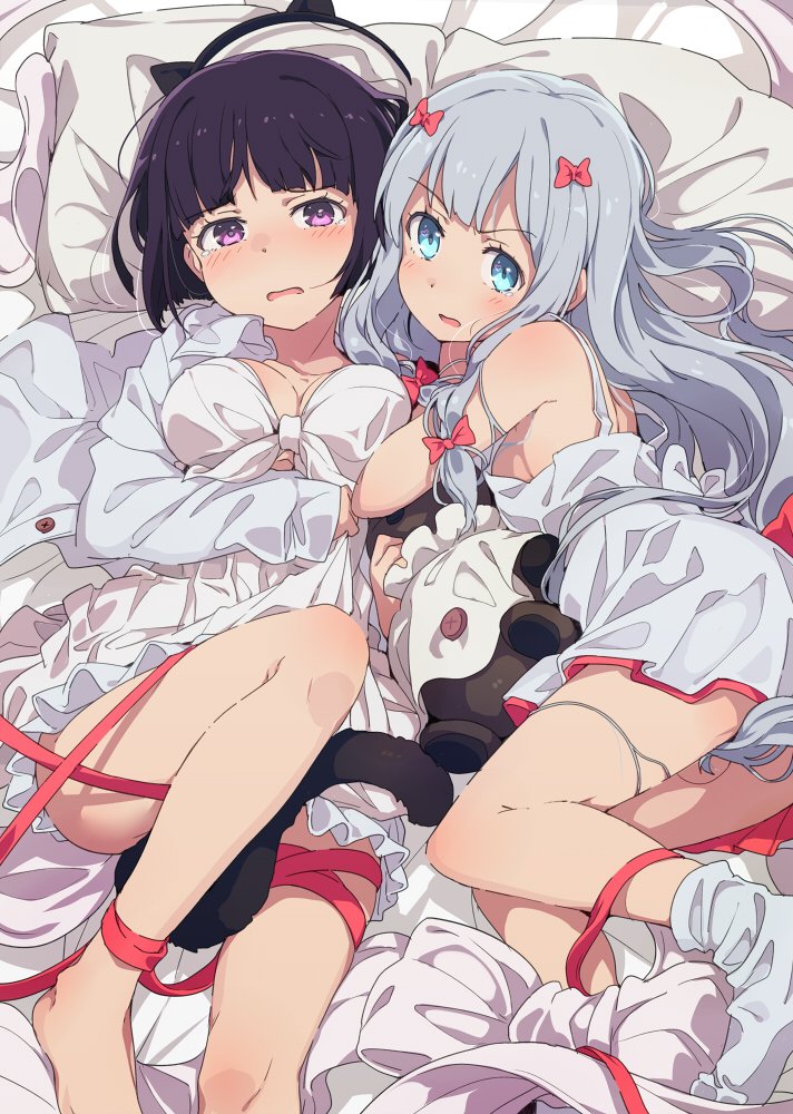 2girls animal_ears bangs barefoot bdsm bed bed_sheet blue_eyes blunt_bangs blush bondage bound bow breasts cleavage commentary_request dress eromanga_sensei fake_animal_ears fake_tail hair_bow izumi_sagiri long_hair looking_at_viewer lying medium_breasts multiple_girls no_shoes ogipote on_back on_bed on_side parted_lips pillow pink_bow red_ribbon ribbon ribbon_bondage senju_muramasa short_hair sideboob sidelocks silver_hair socks stuffed_animal stuffed_toy violet_eyes