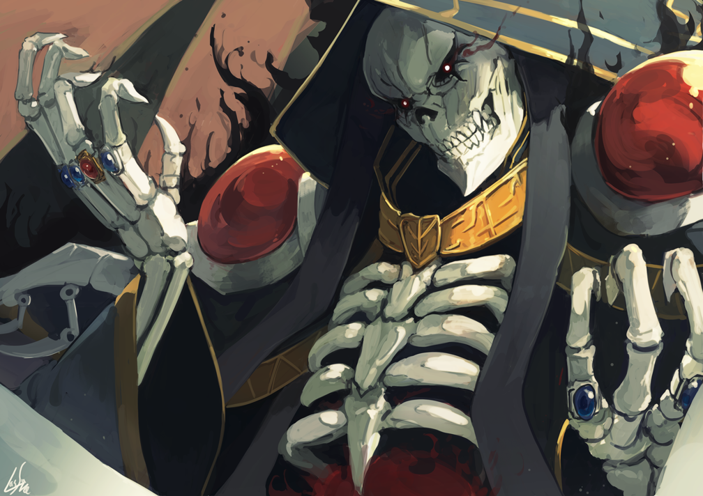 1boy ainz_ooal_gown aura black_sclera cloak commentary hood_up jewelry lansane lich long_sleeves looking_at_viewer necromancer overlord_(maruyama) ribs ring signature skeleton solo teeth upper_body wide_sleeves