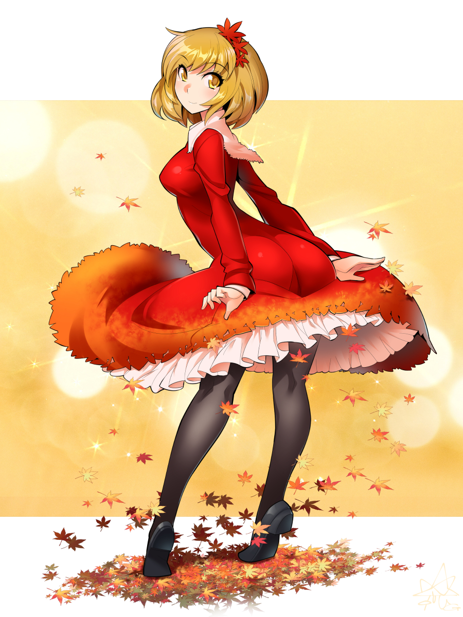 1girl aki_shizuha ass autumn_leaves black_footwear black_legwear blonde_hair blush breasts closed_mouth dress falling_leaves frilled_dress frills from_behind full_body hair_ornament highres leaf_hair_ornament leaning_forward legs_apart loafers long_sleeves looking_at_viewer looking_back medium_breasts pantyhose petticoat red_dress shoes short_hair smile solo sparkle standing tareme tiptoes touhou umigarasu_(kitsune1963) yellow_background yellow_eyes
