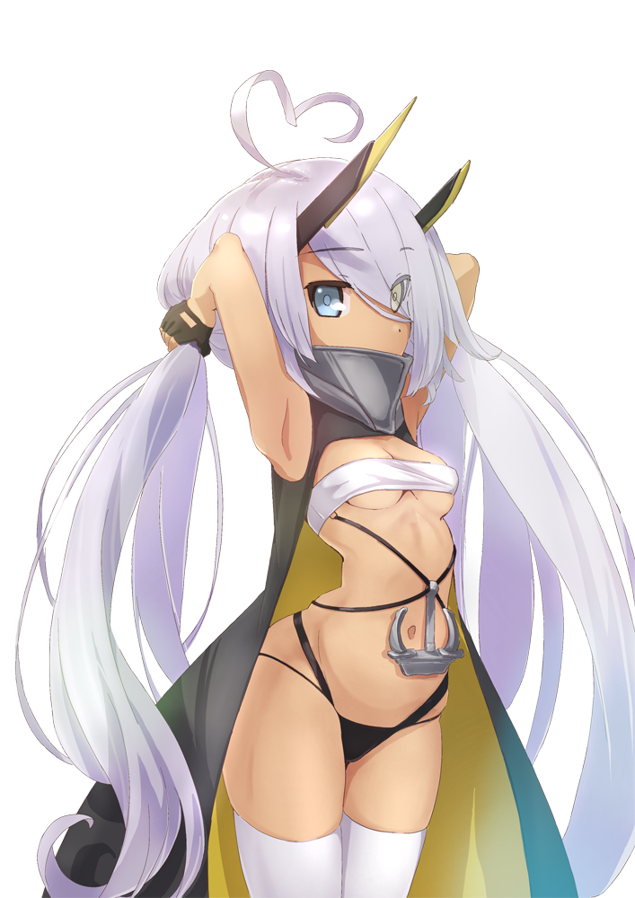 1girl ahoge aiueonesan_(umanaminoatama) anchor armor armpits arms_up azur_lane bandeau bangs bare_shoulders black_cape black_gloves black_panties blue_eyes breasts bunching_hair cape commentary_request covered_mouth cowboy_shot dark_skin eyes_visible_through_hair fingerless_gloves gloves gorget hair_over_one_eye headgear heart_ahoge heterochromia horns indianapolis_(azur_lane) long_hair looking_at_viewer low_twintails navel panties silver_hair simple_background small_breasts solo standing thigh-highs twintails underwear very_long_hair white_background white_bandeau white_legwear yellow_eyes