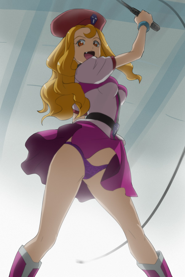 1girl :d blonde_hair breasts brown_eyes character_request fang haruyama_kazunori hat long_hair looking_at_viewer open_mouth panties purple_panties purple_skirt red_hat short_sleeves skirt smile solo standing time_bokan_(series) time_bokan_24 underwear whip