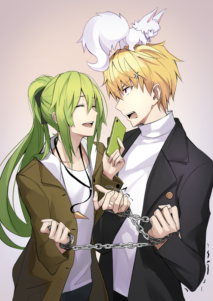 2boys ^_^ anger_vein animal animal_on_head blonde_hair cellphone chains closed_eyes enkidu_(fate/strange_fake) fate/grand_order fate_(series) fou_(fate/grand_order) gilgamesh jewelry male_focus multiple_boys on_head open_mouth pendant phone ponytail red_eyes shijiu_(adamhutt) short_hair smile