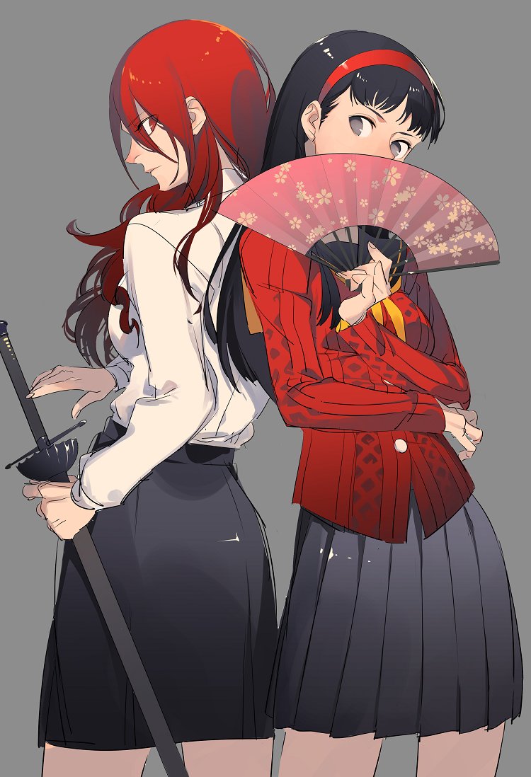 2girls amagi_yukiko back-to-back black_hair blazblue:_cross_tag_battle covering_mouth cowboy_shot fan folding_fan hairband kirijou_mitsuru long_hair megami_tensei multiple_girls persona persona_3 persona_4 profile rapier redhead skirt sword weapon