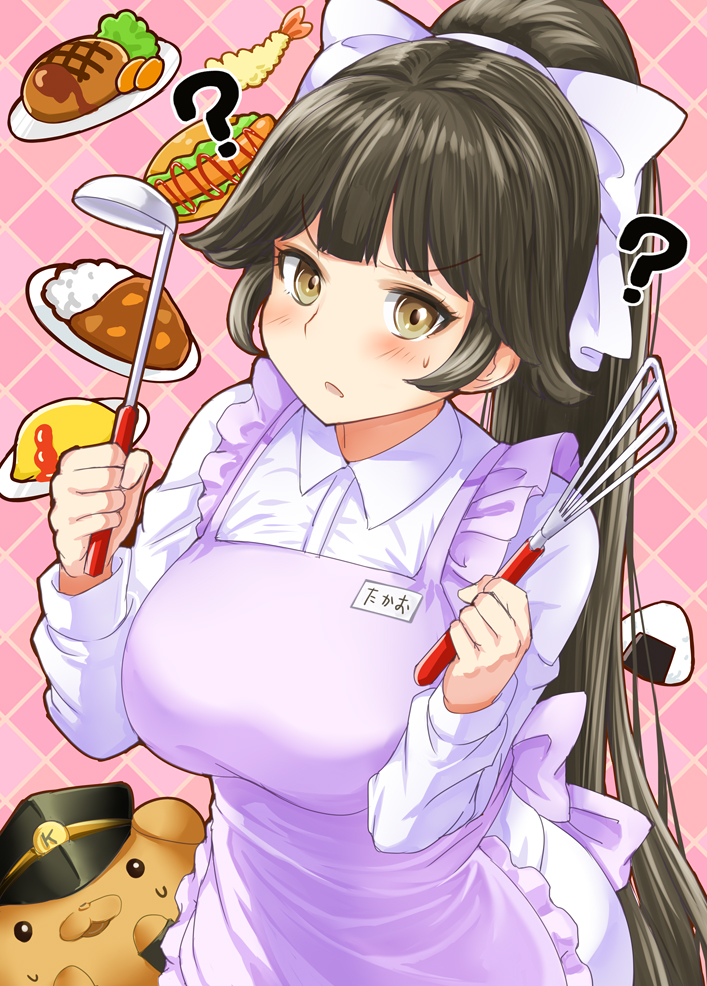 1girl :o ? alternate_costume apron azur_lane bangs black_hair black_hat blunt_bangs blush bow breasts brown_eyes collared_shirt curry curry_rice eyebrows_visible_through_hair food frilled_apron frills hair_bow hat high_ponytail holding ladle large_breasts long_hair long_sleeves looking_at_viewer makumaxu meat name_tag onigiri open_mouth peaked_cap pink_apron pudding rice sausage shirt shrimp shrimp_tempura solo spatula stuffed_animal stuffed_toy sweat takao_(azur_lane) teddy_bear tempura upper_body v-shaped_eyebrows very_long_hair white_bow white_shirt wing_collar