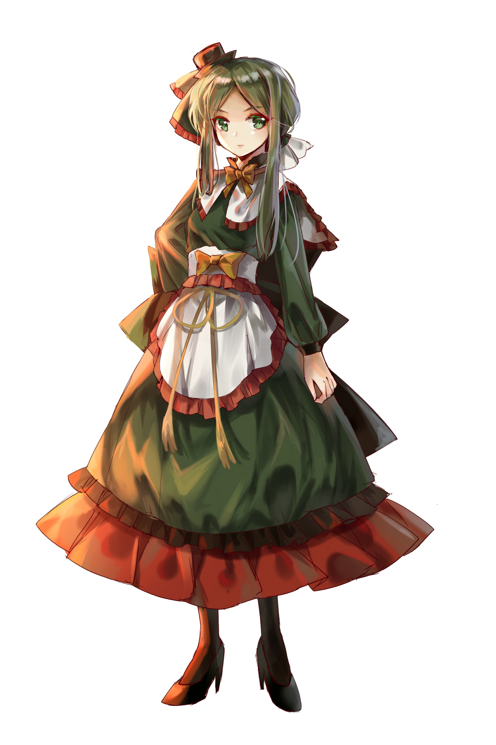 1girl apron arm_at_side bangs bib black_legwear bow bowtie closed_mouth dress full_body green_eyes green_hair hat hichou high_heels highres long_sleeves looking_at_viewer mini_hat parted_bangs shoes short_hair_with_long_locks simple_background solo standing teireida_mai touhou waist_apron white_background yellow_neckwear