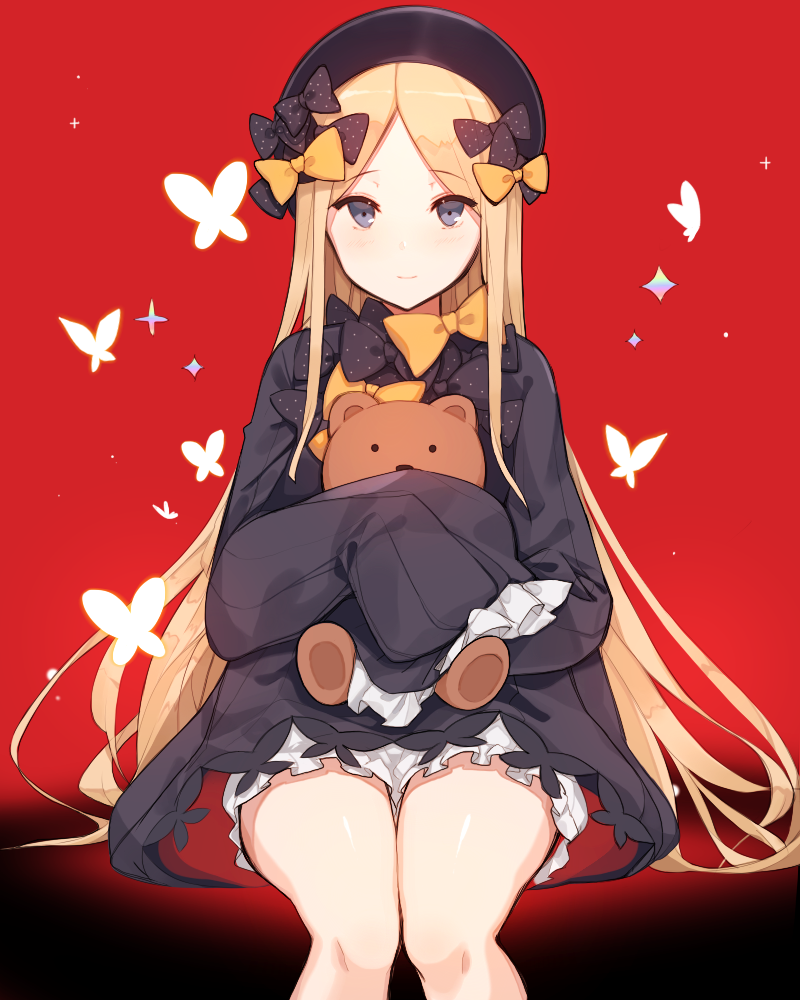 1girl abigail_williams_(fate/grand_order) bangs black_bow black_dress black_hat blonde_hair bloomers bow butterfly closed_mouth dress eyebrows_visible_through_hair fate/grand_order fate_(series) frills hair_bow hands_in_sleeves hat hona_(pixiv7939518) long_hair long_sleeves looking_at_viewer object_hug orange_bow parted_bangs polka_dot polka_dot_bow red_background sitting smile solo sparkle stuffed_animal stuffed_toy teddy_bear underwear very_long_hair white_bloomers
