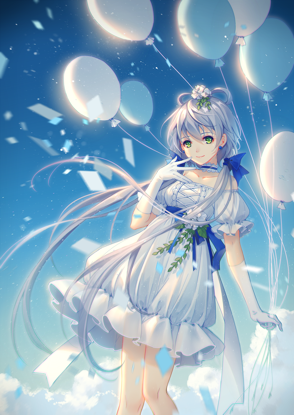 1girl balloon bangs choker confetti dress earrings gloves green_eyes hair_between_eyes hand_to_own_mouth highres holding jewelry long_hair looking_at_viewer luo_tianyi silver_hair sky smile solo standing tidsean vocaloid vocanese white_dress white_gloves wind
