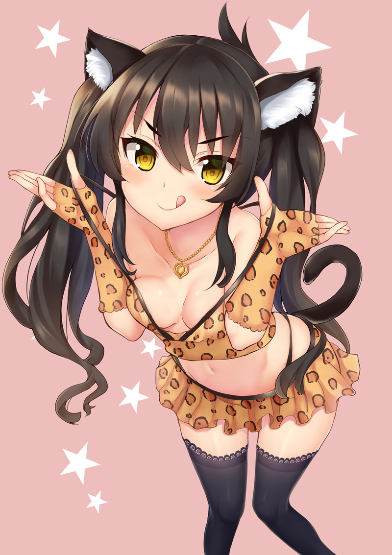 1girl :q animal_ears animal_print bangs bare_shoulders black_hair black_legwear black_panties blush breasts cat_ears cat_girl cat_tail cleavage closed_mouth collarbone commentary_request crop_top elbow_gloves eyebrows_visible_through_hair fingerless_gloves foreshortening from_above gloves hair_between_eyes heart heart_necklace idolmaster idolmaster_cinderella_girls jewelry kazuchi kemonomimi_mode leaning_forward legs_apart leopard_print long_hair looking_at_viewer looking_up matoba_risa medium_breasts microskirt midriff navel panties pendant pink_background pleated_skirt print_gloves print_shirt print_skirt pulled_by_self shirt simple_background skirt sleeveless sleeveless_shirt smile solo spaghetti_strap standing star starry_background strap_pull tail thigh-highs tongue tongue_out tsurime twintails underwear v-shaped_eyebrows very_long_hair yellow_eyes