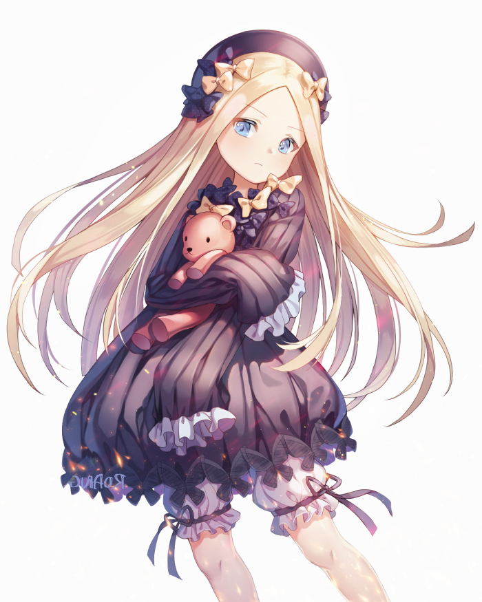 1girl abigail_williams_(fate/grand_order) artist_name bangs black_bow black_dress black_hat blonde_hair bloomers blue_eyes bow butterfly closed_mouth dress embers eyebrows_visible_through_hair fate/grand_order fate_(series) hands_in_sleeves hat long_hair long_sleeves looking_at_viewer object_hug orange_bow parted_bangs polka_dot polka_dot_bow roang simple_background solo stuffed_animal stuffed_toy teddy_bear underwear very_long_hair white_background white_bloomers