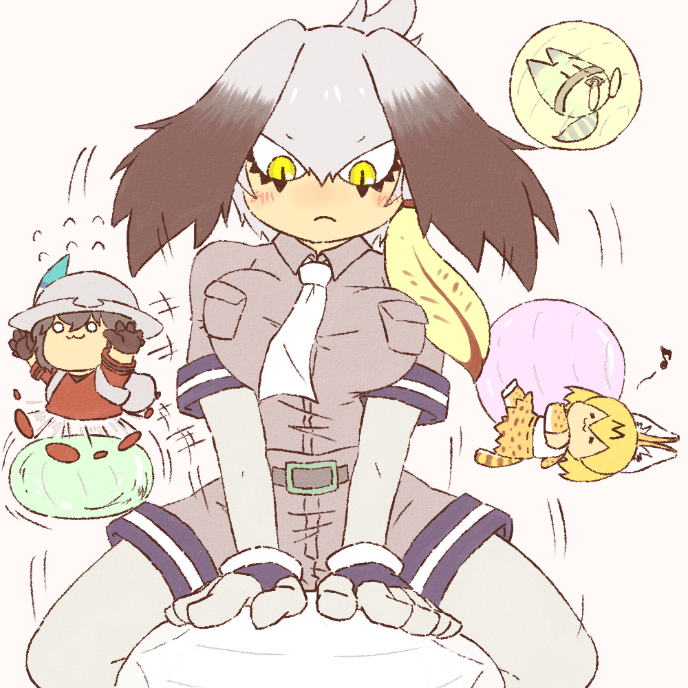 1girl 3girls :3 =_= afterimage animal_ears backpack bag ball bare_shoulders belt black_gloves black_hair blue_gloves blush breasts bucket_hat chibi closed_mouth collared_shirt commentary_request elbow_gloves exercise_ball fingerless_gloves flying_sweatdrops frown gloves grey_background grey_hair grey_hat grey_legwear grey_shirt grey_shorts hat hat_feather high-waist_skirt kaban_(kemono_friends) kemono_friends long_hair looking_down lucky_beast_(kemono_friends) multicolored_hair multiple_girls musical_note necktie niwma_(myriad_revery) nose_blush o_o orange_gloves orange_hair orange_legwear orange_skirt pantyhose red_shirt serval_(kemono_friends) serval_ears serval_print serval_tail shirt shoebill_(kemono_friends) shoes short_hair short_over_long_sleeves short_sleeves shorts side_ponytail simple_background sitting skirt sleeveless sleeveless_shirt slit_pupils solo spoken_musical_note tail thigh-highs two-tone_hair white_footwear white_neckwear white_shirt yellow_eyes