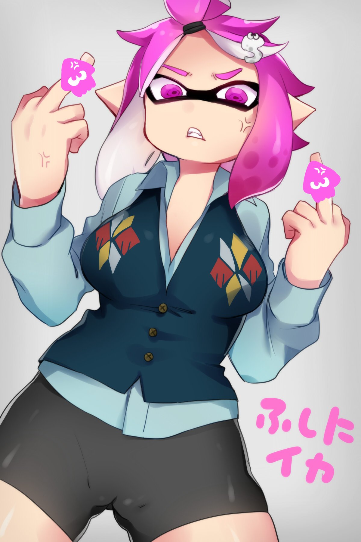 1girl anger_vein bike_shorts censored domino_mask hair_ornament highres inkling iriehana long_sleeves mask middle_finger novelty_censor pink_eyes pink_hair pointy_ears shirt solo splatoon squid tentacle_hair vest