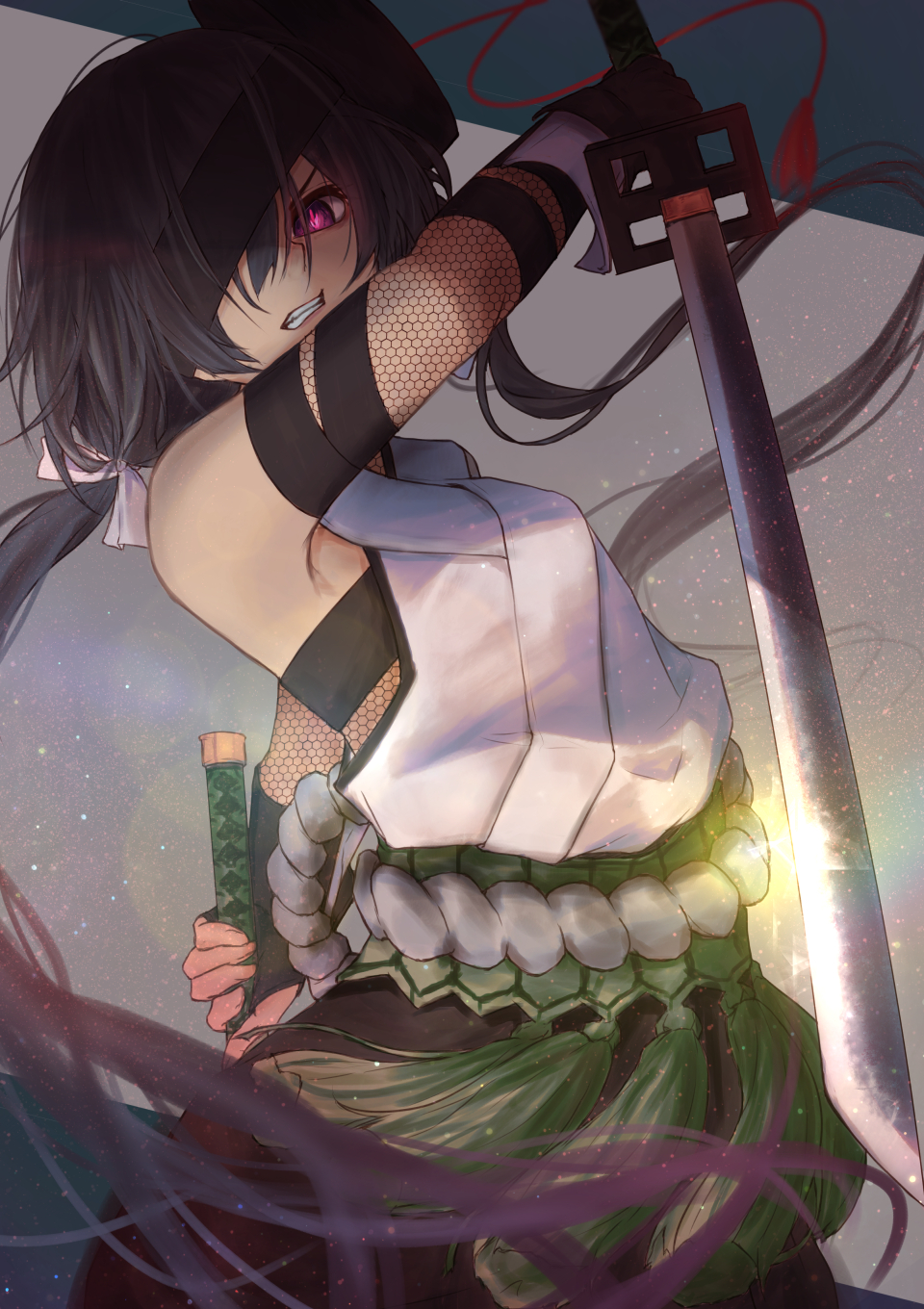 1girl black_hair fate/grand_order fate_(series) fingerless_gloves gloves highres japanese_clothes katana low_twintails miko mochizuki_chiyome_(fate/grand_order) one_eye_covered reverse_grip rope shimenawa slit_pupils sword twintails weapon yuurei447