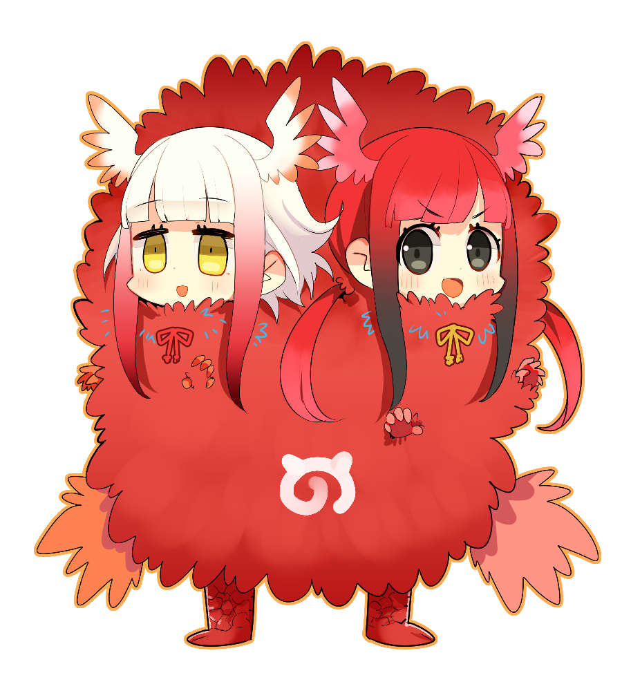 2girls :d adapted_costume bangs black_eyes black_hair blunt_bangs blush eyebrows_visible_through_hair fur gloves gradient_hair head_wings hitsuji_bako japanese_crested_ibis_(kemono_friends) japari_symbol kemono_friends long_hair looking_at_viewer multicolored_hair multiple_girls open_mouth red_gloves redhead scarlet_ibis_(kemono_friends) smile tail_feathers white_background white_hair yellow_eyes