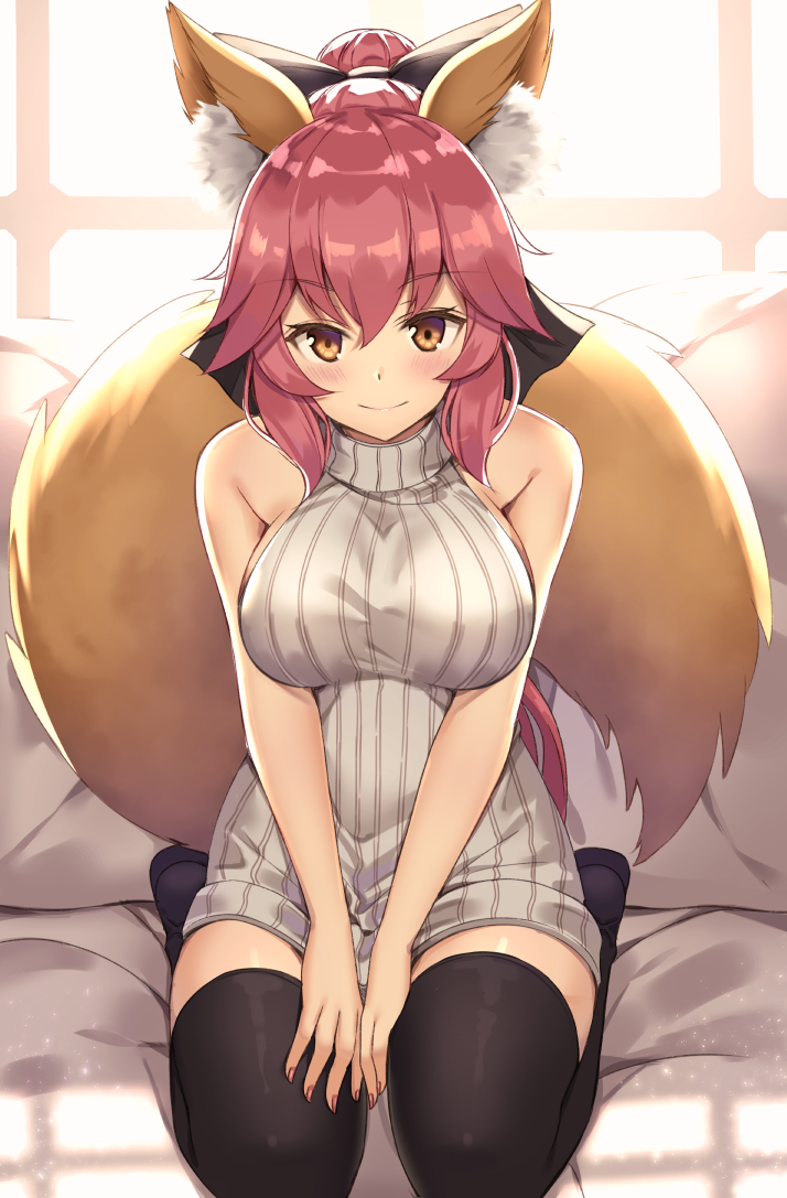 1girl animal_ears backlighting bare_shoulders black_legwear blush breasts brown_eyes closed_mouth dress eyebrows_visible_through_hair fate/extra fate_(series) fox_ears fox_tail hair_ribbon indoors kanikou large_breasts long_hair looking_at_viewer nail_polish pink_hair ponytail ribbed_sweater ribbon sitting sleeveless smile solo sweater sweater_dress tail tamamo_(fate)_(all) thigh-highs turtleneck turtleneck_sweater wariza