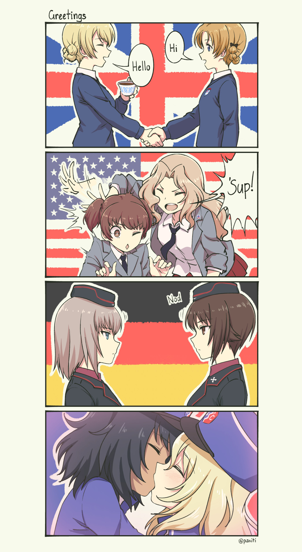 6+girls alisa_(girls_und_panzer) american_flag andou_(girls_und_panzer) bc_freedom_(emblem) bc_freedom_military_uniform black_bow black_hair black_hat black_jacket black_neckwear blazer blonde_hair blue_eyes blue_hat blue_sweater blush bow braid brown_eyes brown_hair closed_eyes closed_mouth commentary cup darjeeling dark_skin diamond_mouth dress_shirt emblem english eyebrows_visible_through_hair facing_another flag_background french_flag from_side garrison_cap german_flag girls_und_panzer green_eyes grey_jacket hair_bow hair_intakes handshake hat highres holding holding_cup itsumi_erika jacket kay_(girls_und_panzer) kiss kuromorimine_military_uniform long_hair long_sleeves looking_at_viewer looking_away military military_hat military_uniform multiple_girls necktie nishizumi_maho one_eye_closed open_clothes open_jacket open_mouth orange_hair orange_pekoe osuda_(girls_und_panzer) pas_(paxiti) patting_back red_shirt saunders_(emblem) saunders_school_uniform school_uniform shako_cap shirt short_hair short_twintails silver_hair smile speech_bubble st._gloriana's_(emblem) st._gloriana's_school_uniform sweater teacup tied_hair twin_braids twintails twitter_username uniform union_jack v-neck v-shaped_eyebrows white_shirt yuri