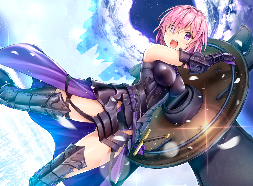 1girl :o arm_guards arm_up armor armored_boots backlighting bare_shoulders black_footwear black_gloves black_leotard blush boots breasts clouds dutch_angle elbow_gloves eyebrows_visible_through_hair eyes_visible_through_hair fate/grand_order fate_(series) field glint gloves gluteal_fold grass hair_over_one_eye holding impossible_clothes kotatsu_(kotatsu358) leotard looking_at_viewer mash_kyrielight medium_breasts open_mouth outdoors petals pink_hair round_teeth sheath sheathed shield shiny shiny_skin short_hair sky solo standing star_(sky) starry_sky sword teeth thigh-highs thigh_boots thigh_strap v-shaped_eyebrows violet_eyes weapon