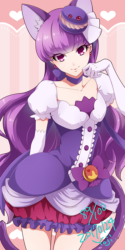 1girl animal_ears bubble_skirt cat_ears choker closed_mouth cowboy_shot cure_macaron dated dress elbow_gloves extra_ears food_themed_hair_ornament gloves hair_ornament kirakira_precure_a_la_mode kotozume_yukari layered_dress long_hair looking_at_viewer macaron_hair_ornament magical_girl pink_background precure puffy_sleeves purple_dress purple_hair purple_neckwear ribbon_choker signature skirt smile solo striped striped_background violet_eyes white_gloves yoji.