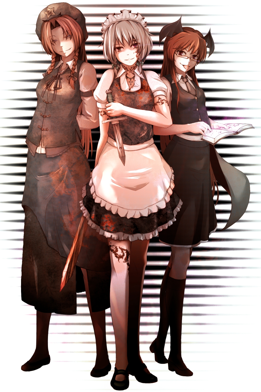3girls :p apron armband arms_behind_back bat_wings beret bespectacled blood bloody_clothes bloody_weapon book braid china_dress chinese_clothes collared_shirt commentary_request cross dress dress_shirt dual_wielding eyebrows_visible_through_hair eyes_visible_through_hair full_body glasses hat head_wings highres holding holding_book hong_meiling izayoi_sakuya jewelry knife koakuma loafers long_hair looking_at_viewer maid maid_headdress multiple_girls necklace necktie parted_lips red_eyes redhead shirt shoes simple_background skirt skirt_set smile socks standing star striped striped_background sword tattoo tongue tongue_out touhou twin_braids very_long_hair vest waist_apron wakashinoda_kei weapon wings