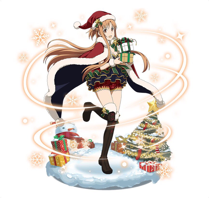 1girl :d asuna_(sao) black_footwear boots box breasts brown_eyes brown_hair cape christmas cleavage floating_hair full_body fur_trim gift gift_box hat holding holding_box long_hair looking_at_viewer medium_breasts one_leg_raised open_mouth red_cape red_hat red_shorts santa_hat short_shorts shorts smile snow solo standing standing_on_one_leg sword_art_online thigh-highs thigh_boots very_long_hair