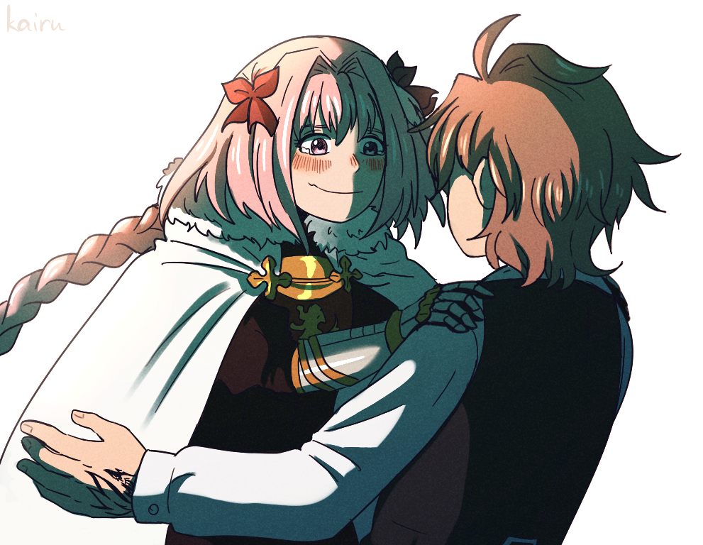 2boys ahoge armor armored_dress astolfo_(fate) back bangs braid brown_hair cape cloak command_spell commentary crying crying_with_eyes_open fate/apocrypha fate/grand_order fate_(series) fur_trim gauntlets hair_ornament hair_ribbon hands_on_another's_shoulder kairumomo long_braid long_hair long_sleeves looking_at_another male_focus multicolored_hair multiple_boys pink_eyes pink_hair red_ribbon ribbon shirt short_hair sieg_(fate/apocrypha) single_braid tears trap turtleneck two-tone_hair very_long_hair waistcoat white_cape white_cloak white_shirt yaoi