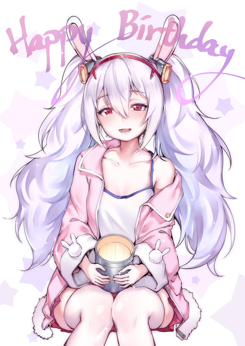 1girl :d animal_ears azur_lane blush breasts bucket camisole cleavage collarbone eyebrows_visible_through_hair fake_animal_ears glint hair_between_eyes happy_birthday headgear holding jacket laffey_(azur_lane) lavender_hair long_hair long_sleeves looking_at_viewer off_shoulder open_clothes open_jacket open_mouth pink_jacket pink_skirt rabbit_ears red_eyes single_bare_shoulder sitting skirt small_breasts smile solo spaghetti_strap star sunege_(hp0715) thigh-highs tsurime twintails unzipped very_long_hair white_legwear wide_sleeves zipper