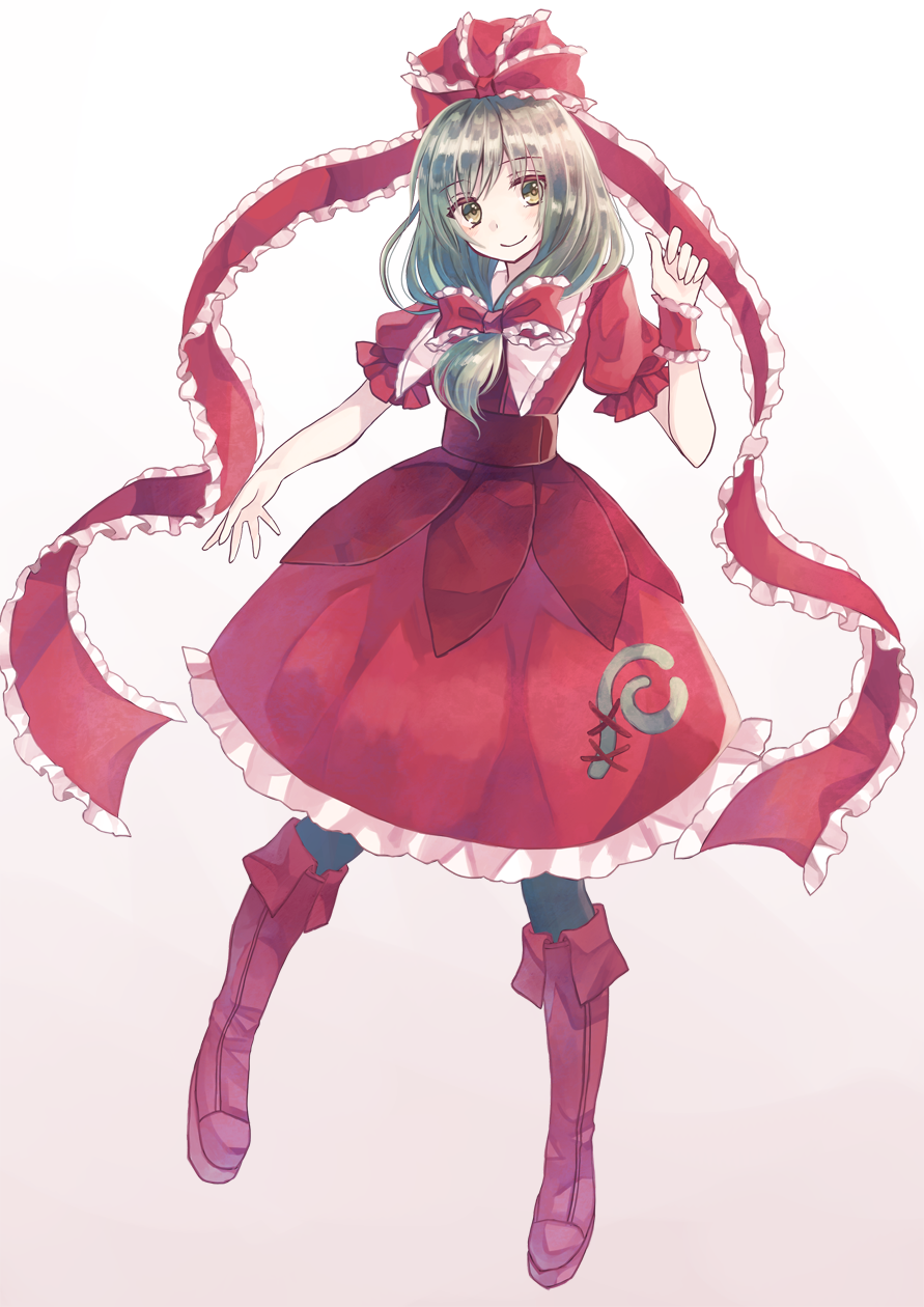 1girl arm_ribbon blush bow brown_footwear closed_mouth dress frills front_ponytail full_body green_eyes green_hair hair_bow hair_ribbon highres kagiyama_hina long_hair looking_at_viewer miyakure puffy_short_sleeves puffy_sleeves red_dress ribbon short_sleeves smile solo touhou wrist_cuffs