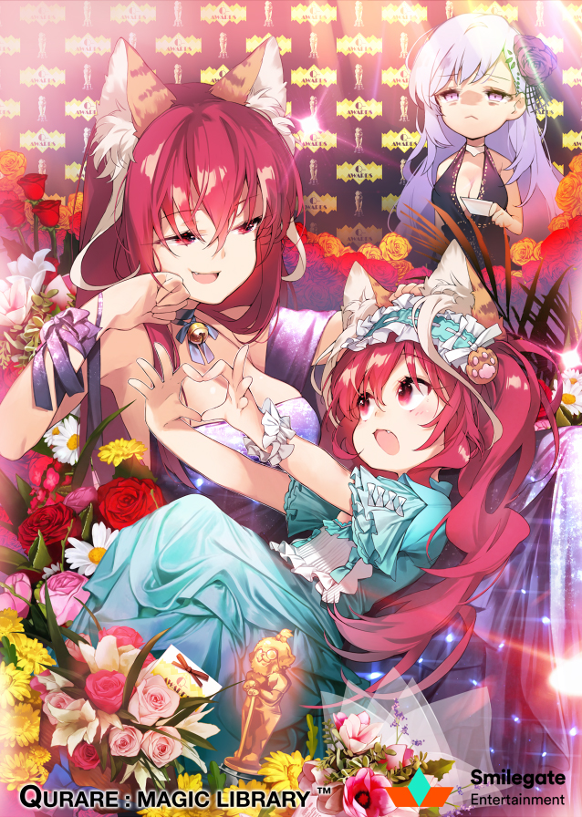 3girls :d animal_ears bell blue_dress blush breasts cat_ears cleavage dress eye_contact flower frown glaring hair_flower hair_ornament hairband heart heart_hands jingle_bell long_hair looking_at_another multiple_girls open_mouth paw_hair_ornament paw_pose pink_eyes purple_flower purple_hair qurare_magic_library redhead rose sitting sitting_on_lap sitting_on_person smile takotsu very_long_hair violet_eyes