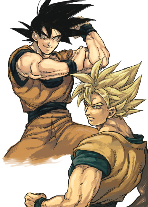 1boy black_hair blonde_hair clone cowboy_shot dragon_ball dragonball_z expressionless facing_away fighting_stance green_eyes hand_on_own_arm looking_at_viewer male_focus nitako serious short_hair simple_background smile son_gokuu spiky_hair spread_legs super_saiyan upper_body white_background wristband