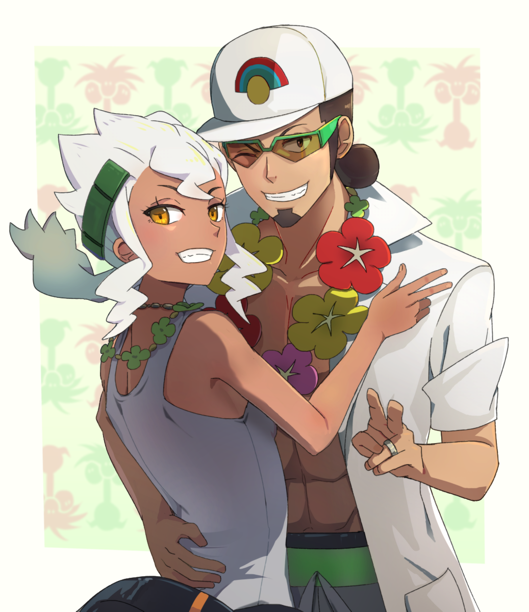 1boy 1girl :d ;d abs alolan_exeggutor arm_around_waist bare_arms bare_shoulders baseball_cap beard blush brown_eyes brown_hair burnet_(pokemon) collarbone couple facial_hair flower flower_necklace from_behind green-framed_eyewear grin hand_on_another's_back hat highres hsin husband_and_wife jewelry kukui_(pokemon) long_hair looking_at_viewer looking_back low_twintails navel necklace one_eye_closed open_clothes open_mouth open_shirt over-rim_eyewear pokemon pokemon_(game) pokemon_sm pouch ring shirt short_sleeves sidelocks sleeveless smile sunglasses tank_top teeth twintails upper_body v wedding_band white_hair white_hat white_shirt yellow_eyes