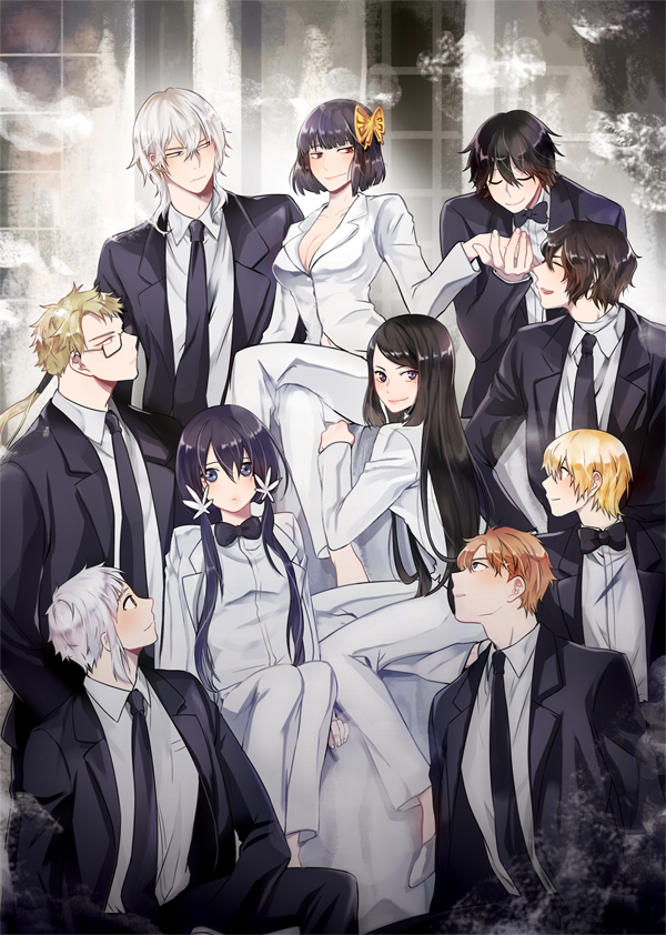 3girls 6+boys bow bowtie breasts bungou_stray_dogs cleavage commentary_request dazai_osamu_(bungou_stray_dogs) edogawa_ranpo_(bungou_stray_dogs) formal fukuzawa_yukichi_(bungou_stray_dogs) glasses izumi_kyouka_(bungou_stray_dogs) kunikida_doppo_(bungou_stray_dogs) miyazawa_kenji_(bungou_stray_dogs) multiple_boys multiple_girls nakajima_atsushi_(bungou_stray_dogs) necktie suit tanizaki_junichirou_(bungou_stray_dogs) tanizaki_naomi twintails yosano_akiko