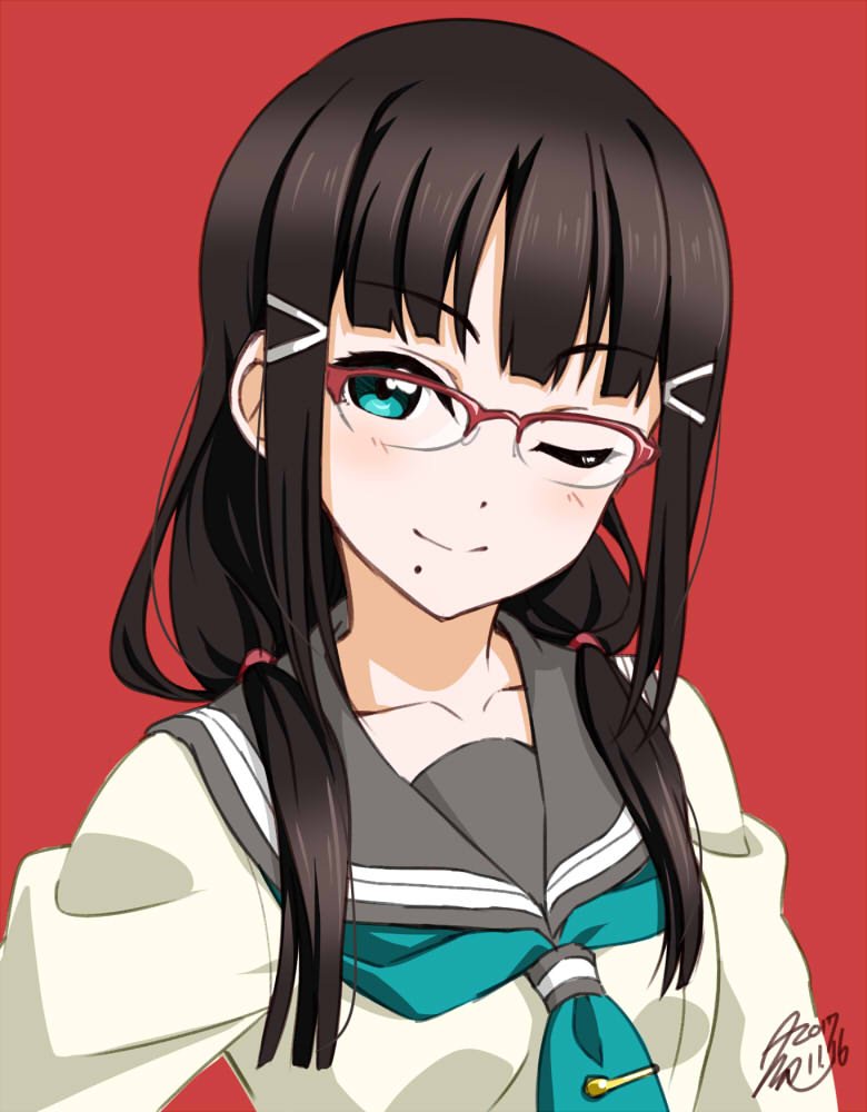 1girl 2017 ;) alternate_hairstyle bespectacled blush brown_hair closed_mouth collarbone dated eyebrows_visible_through_hair glasses green_eyes hair_over_shoulder kurosawa_dia long_hair looking_at_viewer love_live! love_live!_sunshine!! low_twintails mole mole_under_mouth neckerchief number one_eye_closed over-rim_eyewear red-framed_eyewear red_background school_uniform serafuku signature simple_background sketch smile solo takeya_yuuki twintails upper_body uranohoshi_school_uniform