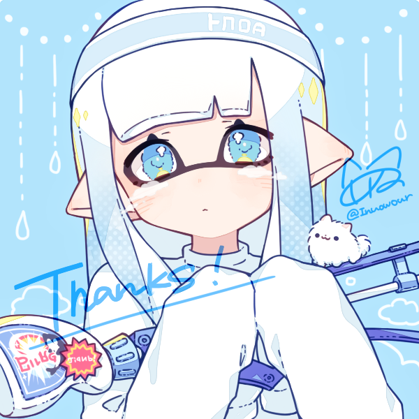 1girl :3 artist_name blue_background blue_eyes blue_hair blue_hairband classic_squiffer_(splatoon) commentary_request dog eyelashes gun hairband holding holding_gun holding_weapon inkling inkling_girl inuowour long_hair pointy_ears sidelocks signature sleeves_past_fingers sleeves_past_wrists solid_circle_eyes solo splatoon_(series) sweater thank_you upper_body weapon white_fur white_sweater