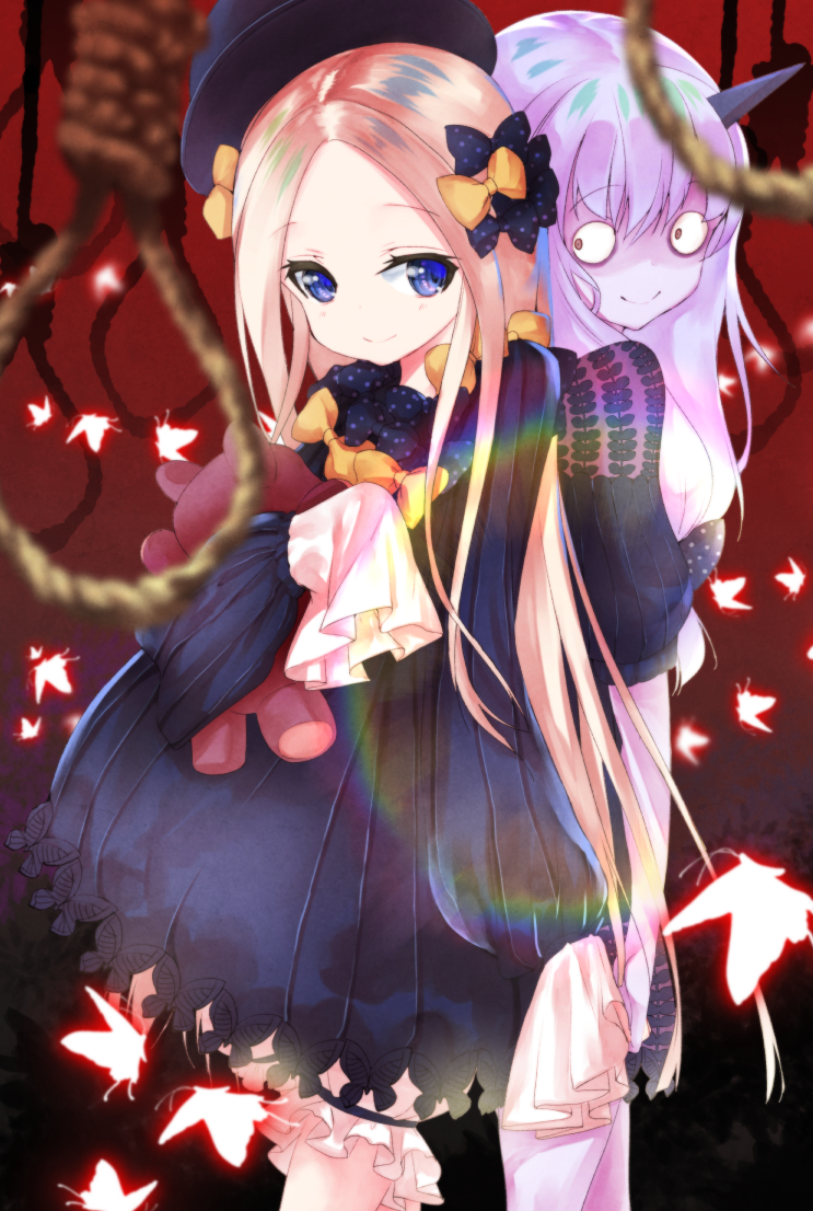 2girls abigail_williams_(fate/grand_order) back-to-back black_bow black_dress black_hat blonde_hair bloomers blue_eyes bow dress fate/grand_order fate_(series) gothic_lolita hair_bow hair_ornament hat holding_toy horn lavinia_whateley_(fate/grand_order) lolita_fashion long_hair long_sleeves looking_at_viewer multiple_girls orange_bow polka_dot polka_dot_bow purple_hair sleeves_past_wrists smile standing stuffed_animal stuffed_toy teddy_bear underwear violet_eyes white_bloomers