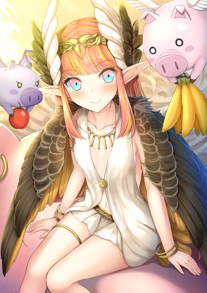 1girl apple banana bangs bare_arms blonde_hair blue_eyes blush blush_stickers bracelet circe_(fate/grand_order) collarbone commentary demon_wings eyebrows_visible_through_hair fate/grand_order fate_(series) feathered_wings feathers flying flying_pig food fruit hair_feathers hair_ornament jewelry looking_at_viewer miniskirt multicolored multicolored_eyes multicolored_hair navel necklace pig pink_eyes pink_hair pointy_ears sitting skirt sleeveless smile solo taiki_ken white_skirt wings