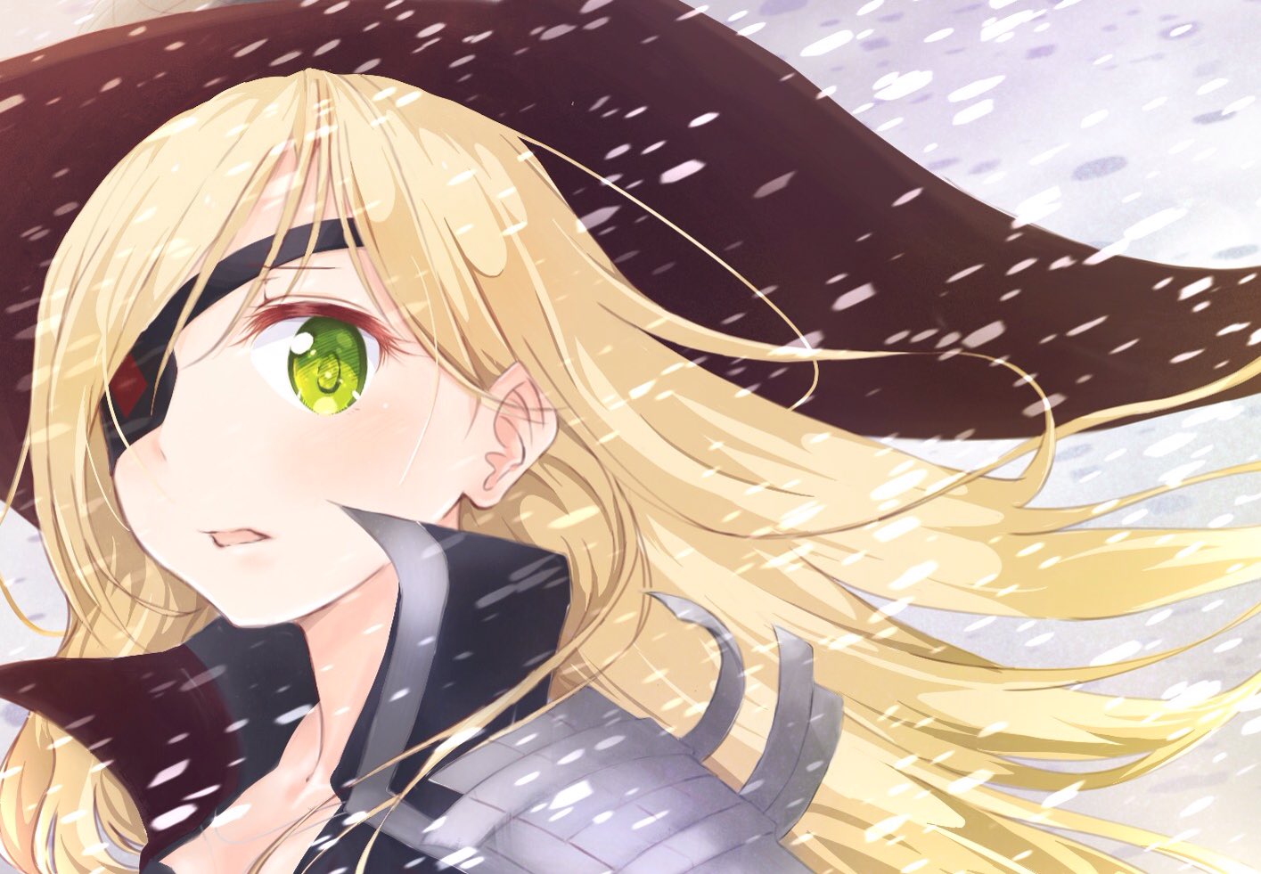 1girl blizzard blonde_hair blush cape eyepatch green_eyes hat long_hair looking_at_viewer open_mouth othinus outdoors snow snowflakes snowing solo to_aru_majutsu_no_index to_aru_majutsu_no_index:_new_testament winter witch_hat